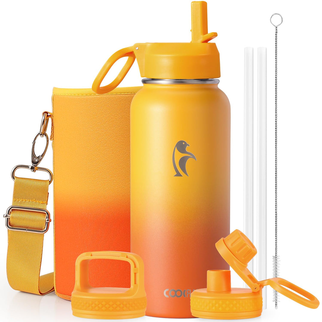 Wasserflasche 0,9 l isoliert mit Strohhalm, Coolflask Edelstahl Metall 3 Deckel Wasserflasche mit br
