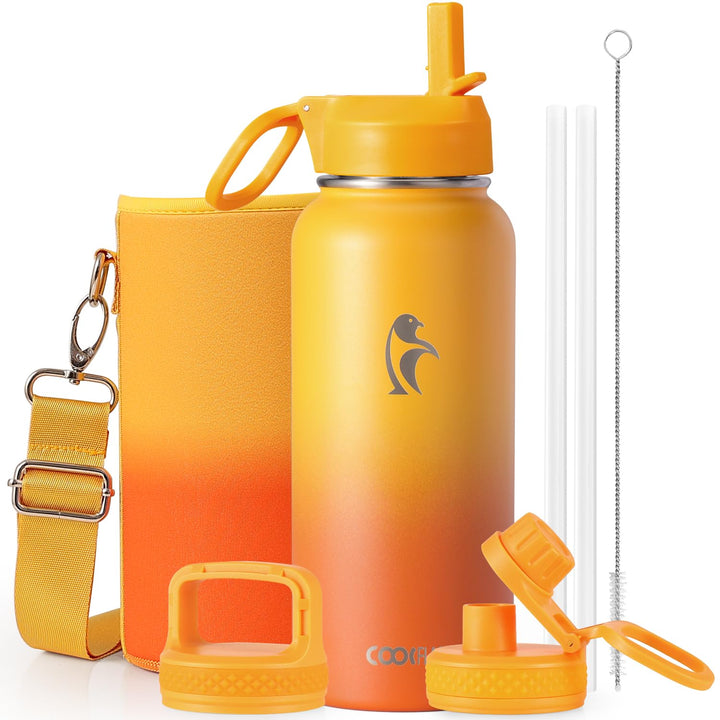 Wasserflasche 0,9 l isoliert mit Strohhalm, Coolflask Edelstahl Metall 3 Deckel Wasserflasche mit br