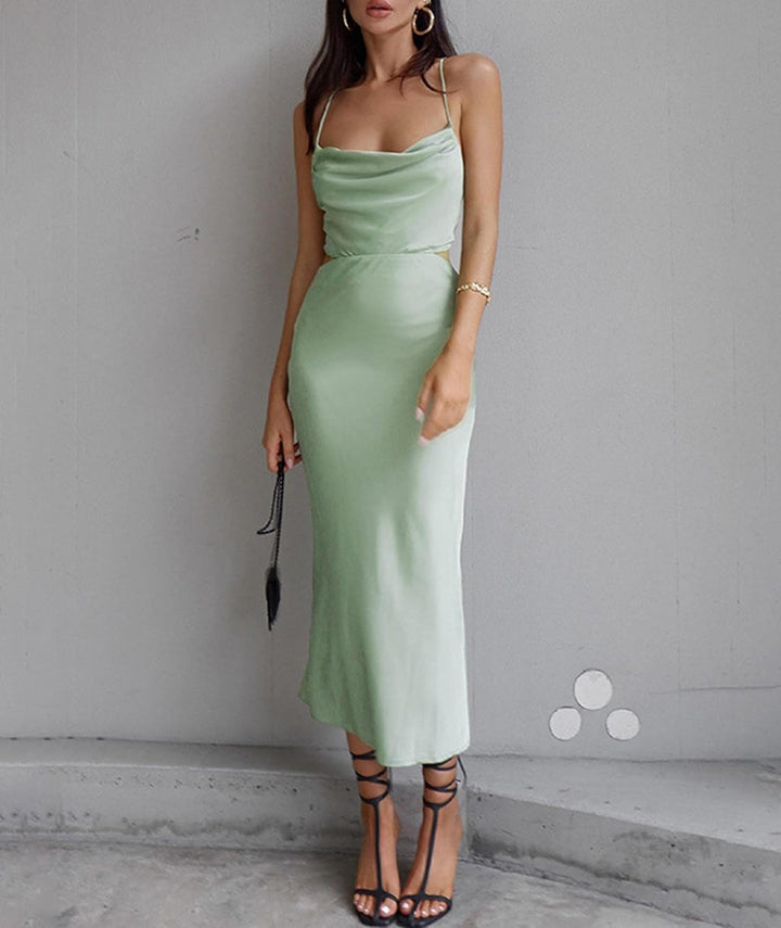 xxxiticat Maxi-Slip-Kleid für Damen, mit Wasserfallausschnitt, Spaghettiträgern, ärmellos, Taillenau