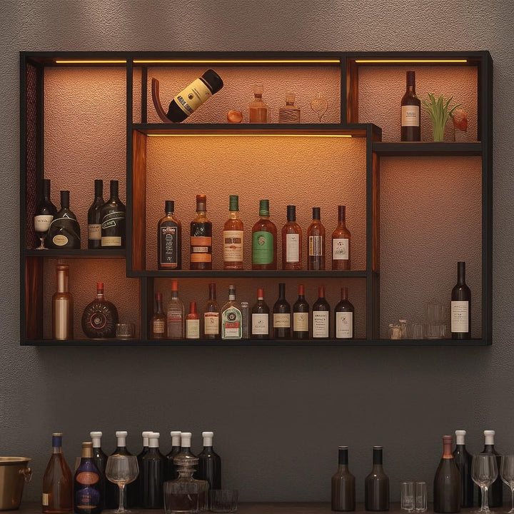 YOURLITE Weinregal Wand, mit LED-Beleuchtung Metall, Bar Regal mit LED-Licht, Wandmontage Wine Displ