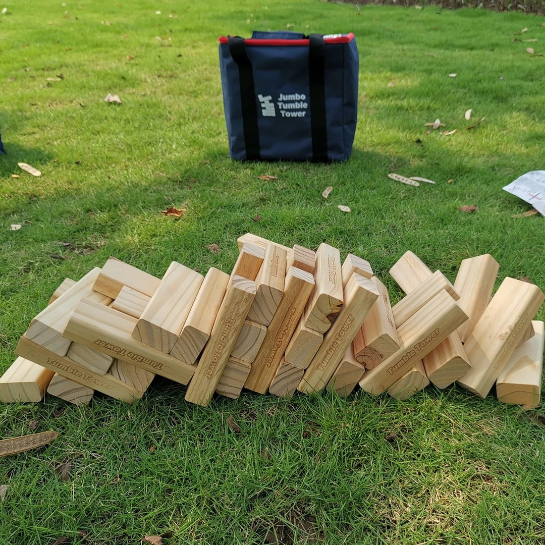 JacMok Jumbo Tumble Tower-Wackelturm-Turm Spiel 60 Stück Kiefernholz Toppling Blocks Spielzeug mit T