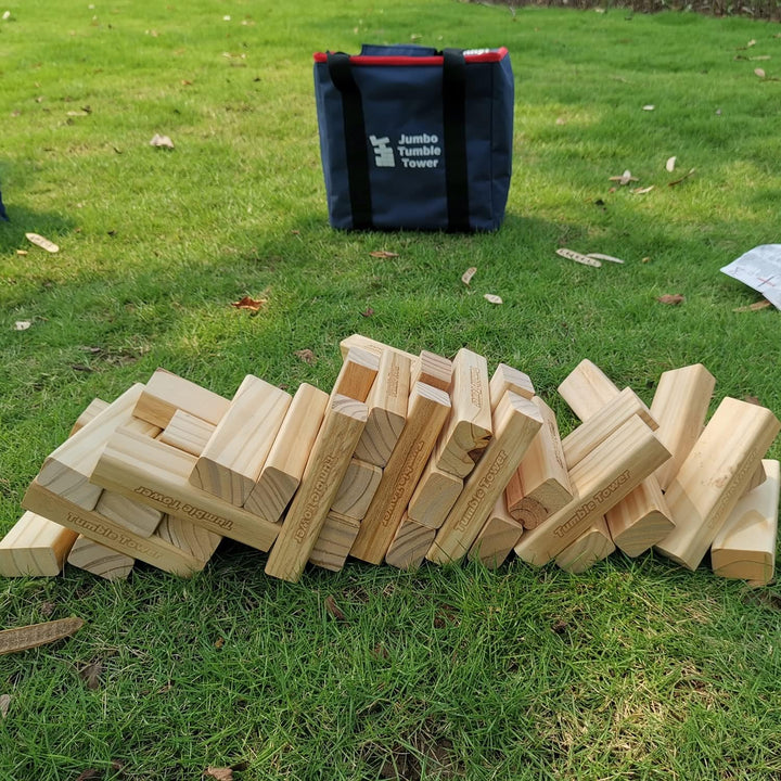 JacMok Jumbo Tumble Tower-Wackelturm-Turm Spiel 60 Stück Kiefernholz Toppling Blocks Spielzeug mit T