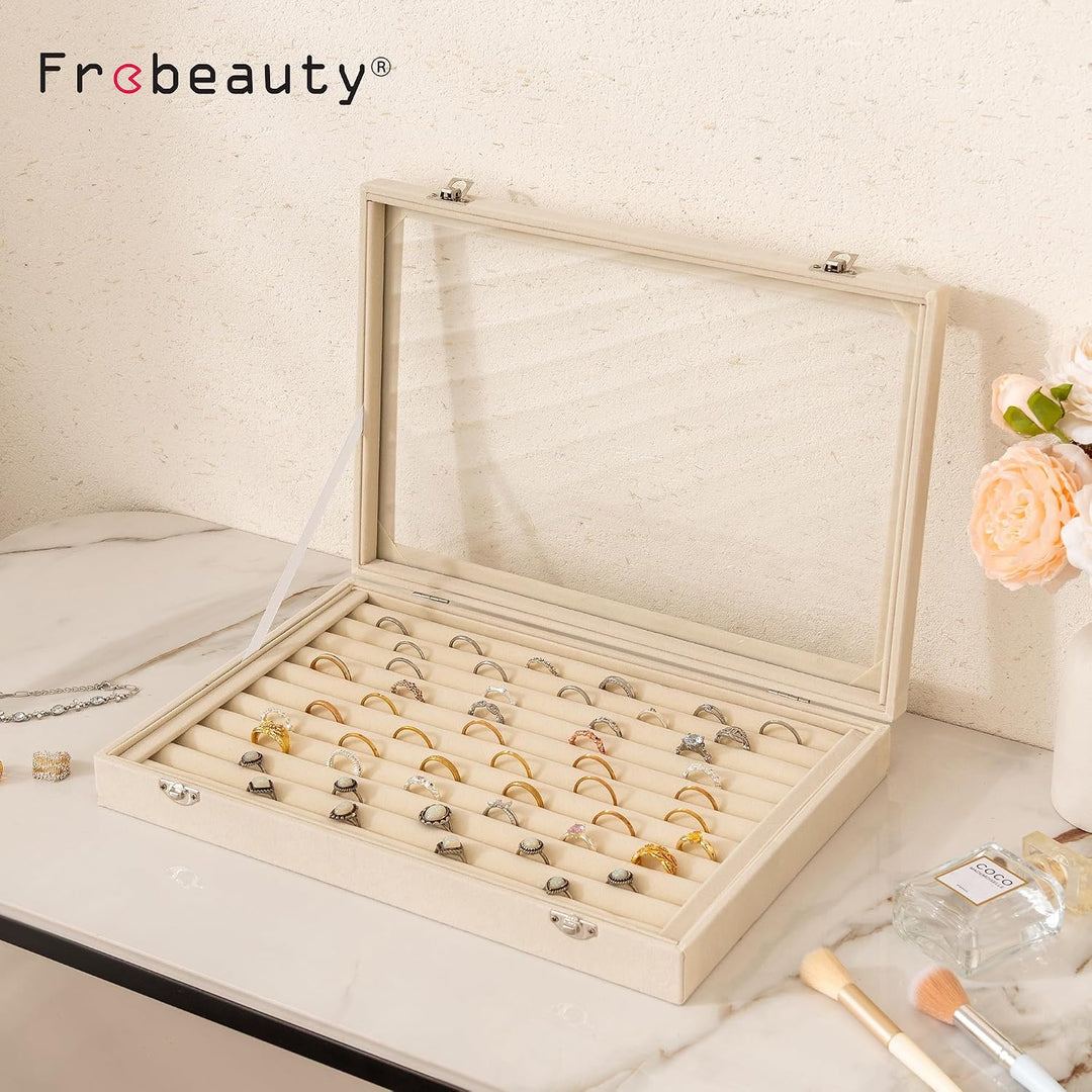 Frebeauty Ringe/Ohrringe Organizer Tablett mit klarem Deckel 10 Slots Samt Schublade Einsatz Schmuck