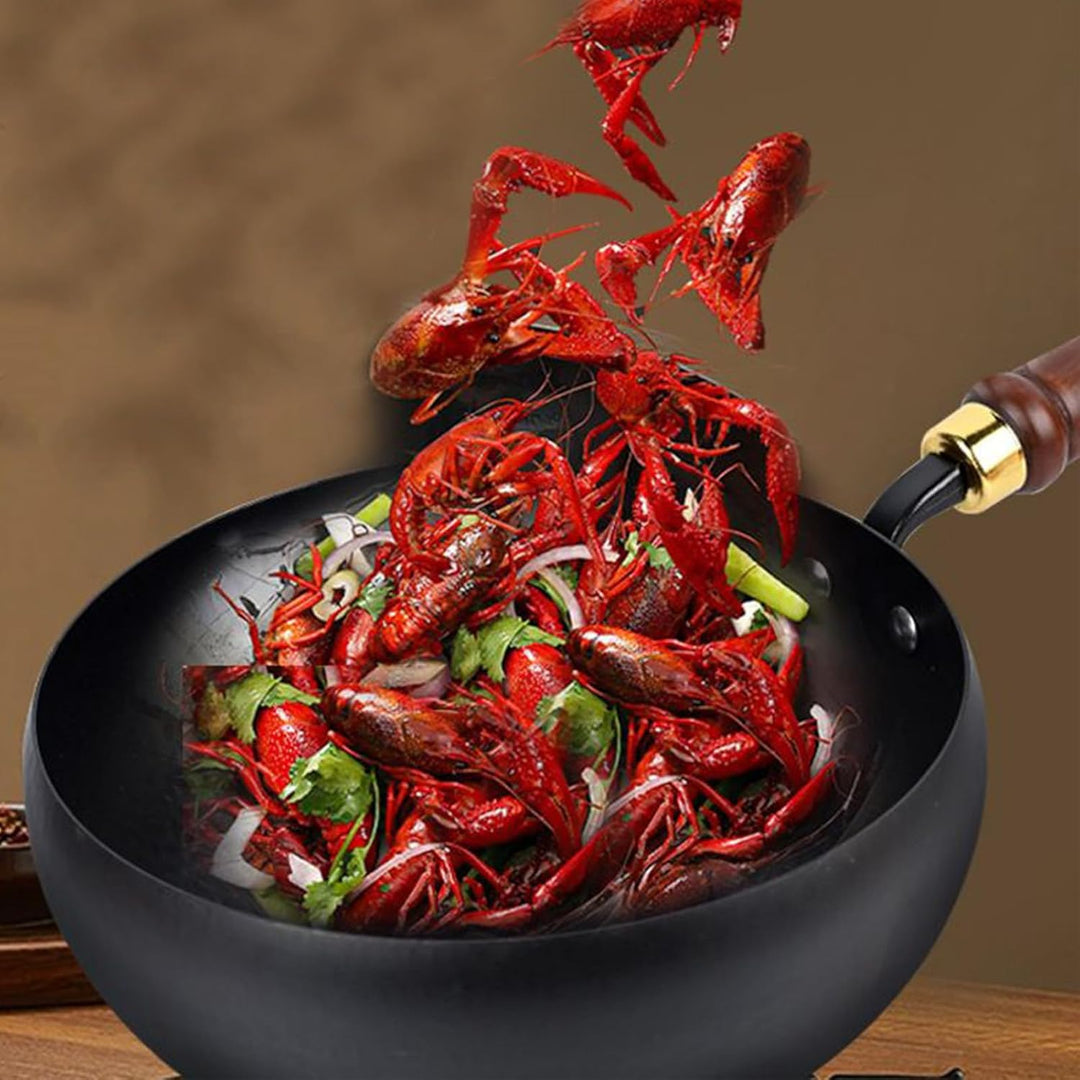 Koch-Wok, Eisen-Bratpfanne, 24 cm, kompakter, ergonomischer, unbeschichteter Wok mit Deckel, vielsei