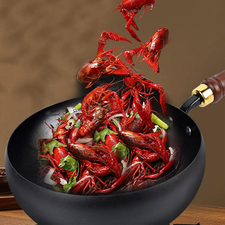 Koch-Wok, Eisen-Bratpfanne, 24 cm, kompakter, ergonomischer, unbeschichteter Wok mit Deckel, vielsei