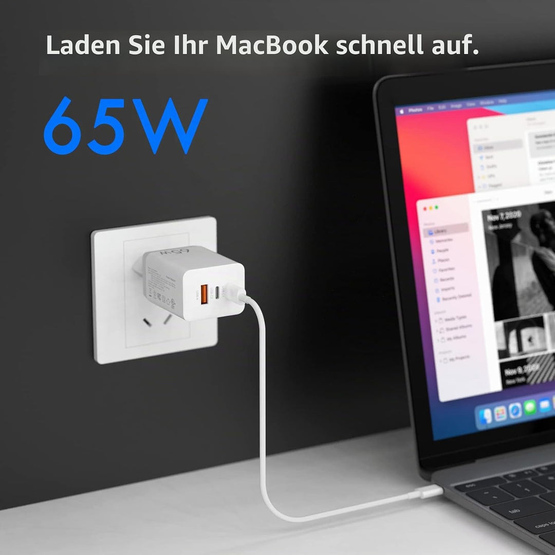 Boaraino 65W USB C Wand-Ladegerät, 3 Port GaN PD USB C/QC 3.0 Schnell-Ladegerät, Tragbarer Reise-Str