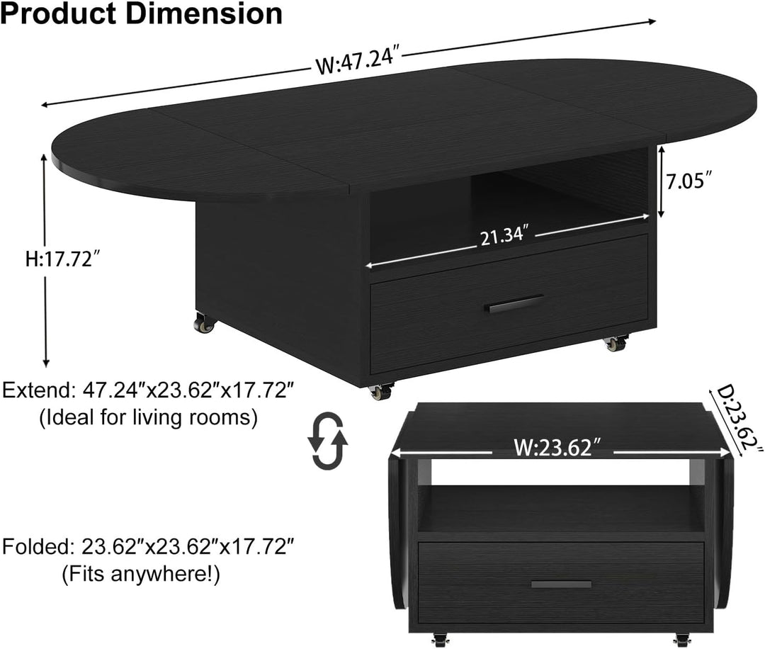 IBF Klappbarer Couchtisch mit Stauraum Holz Oval Wohnzimmer Tisch mit Schublade Modern Ausziehbarer