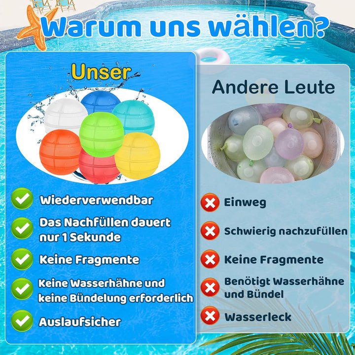 Wasserbomben Wiederverwendbare 8 Stück &amp; Mesh Bag, Silikon Wasserbomben Selbstschliessend für Kinder
