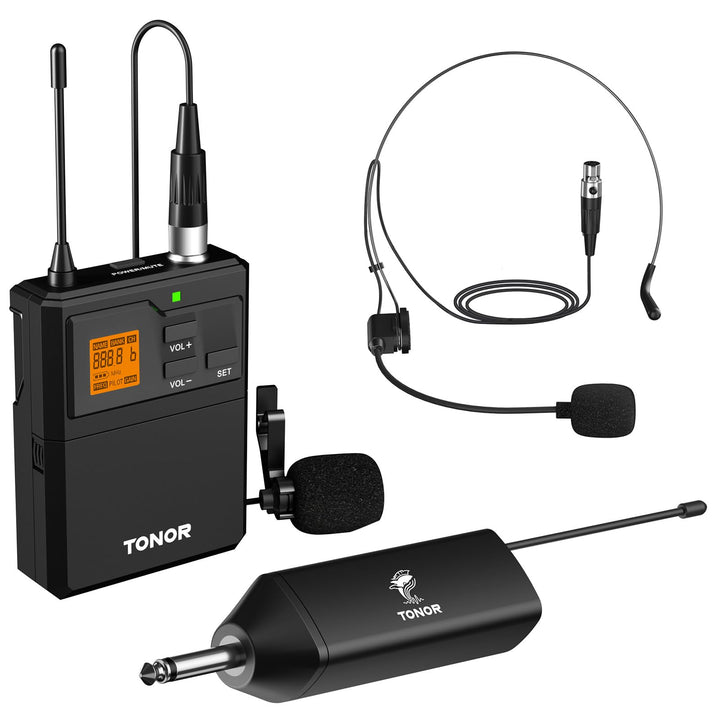 TONOR UHF Mikrofon Kabellos Set mit Headset Kopfbügel Funkmikrofon/Lavalier Ansteckmikrofonen Bodypa