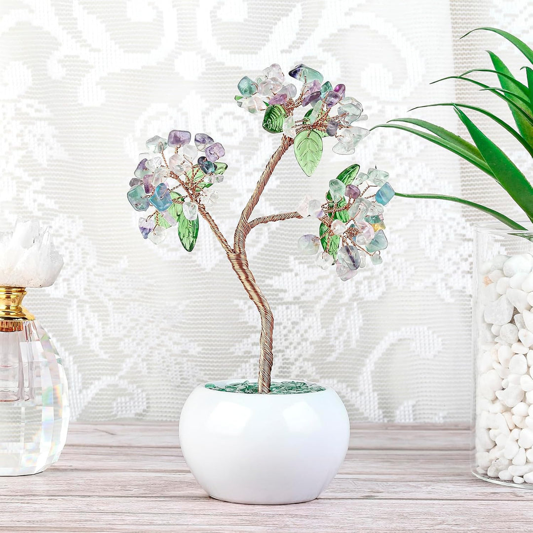 Nupuyai Fluorit Kristall Baum Feng Shui Edelstein Baum mit Keramische Basis, Glücksbaum, Geldbaum Ge