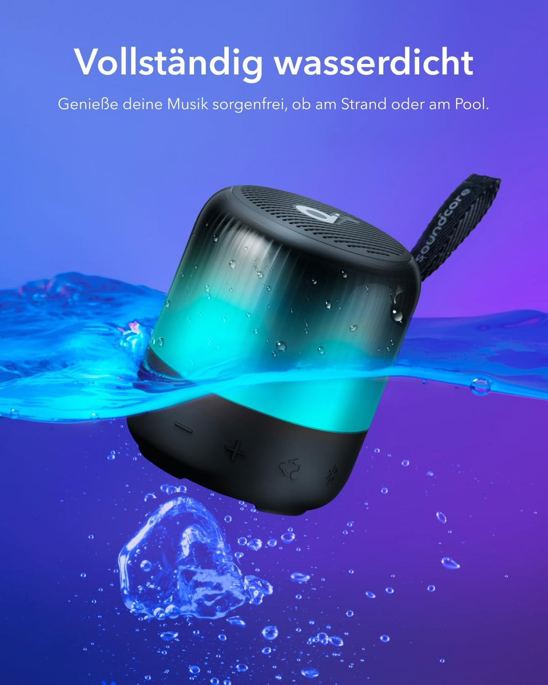 soundcore Glow Mini Speaker, Tragbarer Bluetooth-Lautsprecher, 360° Sound, Lichtshow, 12h Spielzeit,