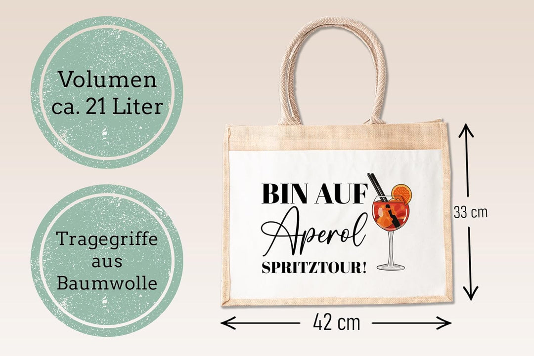 LIEBTASTISCH - Nachhaltige Jutetasche - Ich bin auf Aperol Spritz Tour - hochwertig - Einkaufstasche