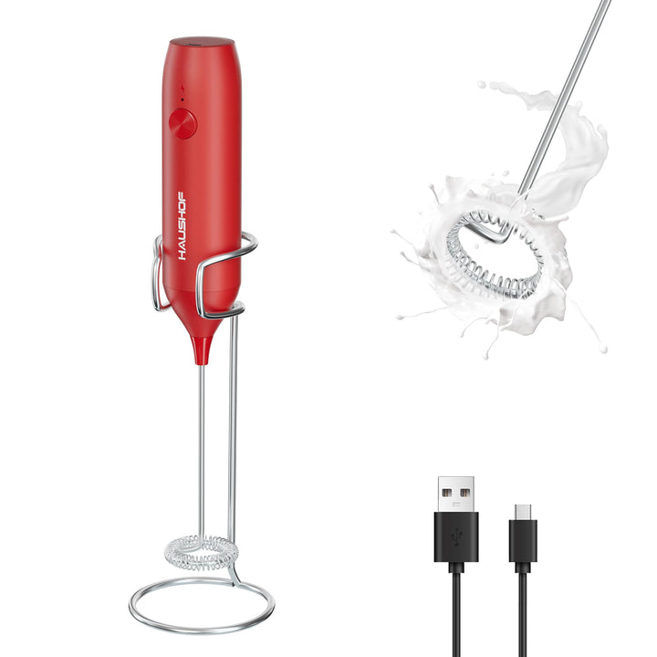 HAUSHOF Milchaufschäumer Stab, Wiederaufladbarer Hand-Milchschäumer, mit Schneebesen aus Edelstahl,