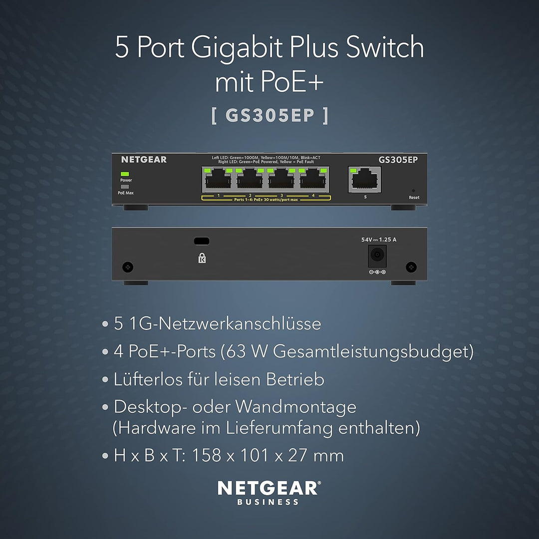 NETGEAR GS305EP PoE Switch 4 Port Gigabit Ethernet LAN Switch PoE+ 63W Plus (5 Ports Plug-and-Play,