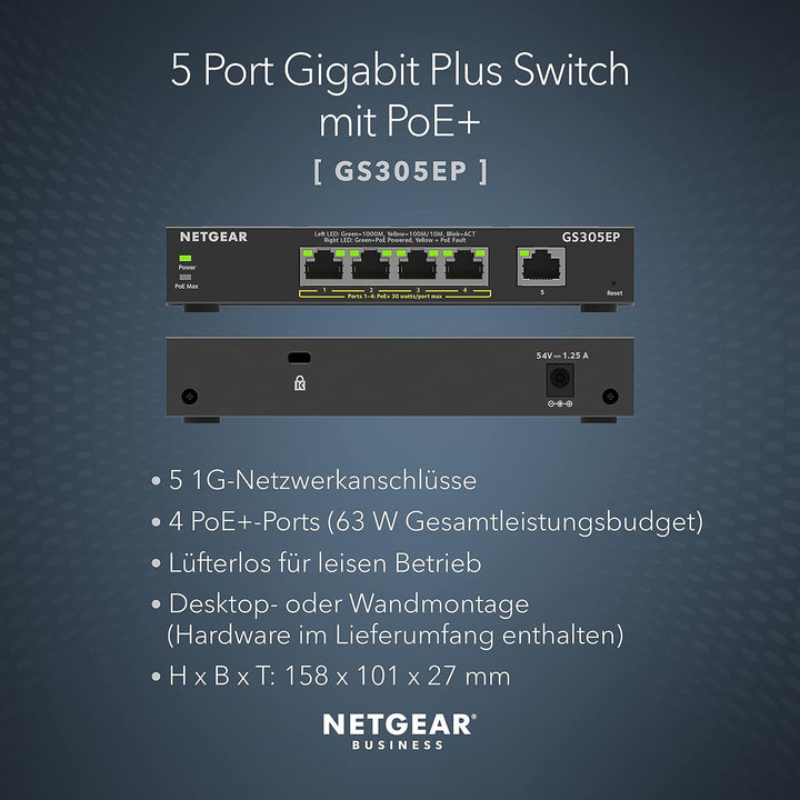NETGEAR GS305EP PoE Switch 4 Port Gigabit Ethernet LAN Switch PoE+ 63W Plus (5 Ports Plug-and-Play,
