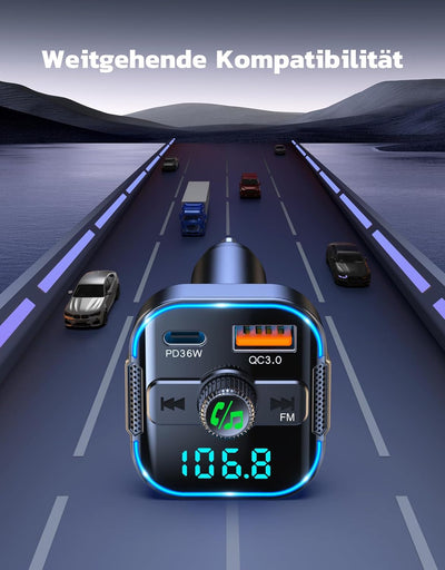 Glangeh 2-in-1 Bluetooth Adapter Auto & Schnelles Autoladegerät (PD 36W & QC3.0 18W) - Neuester FM T