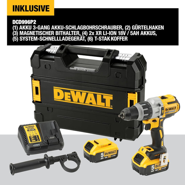 Dewalt 18V 3-Gang Akku-Schlagbohrschrauber DCD996P2 (11-stufiges Drehmomentmodul, drei-Stufen-LED mi