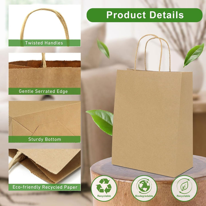 Gucass 50 Stück Klein Papiertüten mit Henkel, Braun Kraft Papiertaschen Geschenktüten, 15x8x21cm Pap