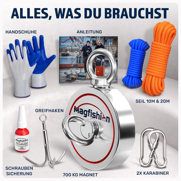 Magnetfischen Mega Set - 700 KG (2 x 350KG) - Ø94mm - Neodym Magnet mit 2 Seilen, Greifhaken & Hands
