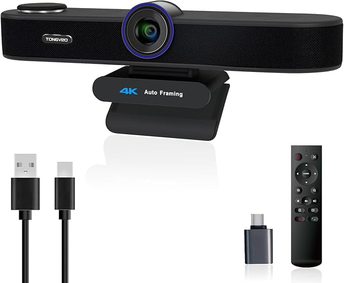 TONGVEO KI Automatisches Tracking 4K Webcam mit Mikrofonen und Lautsprecher, 5-facher Digitalzoom eP