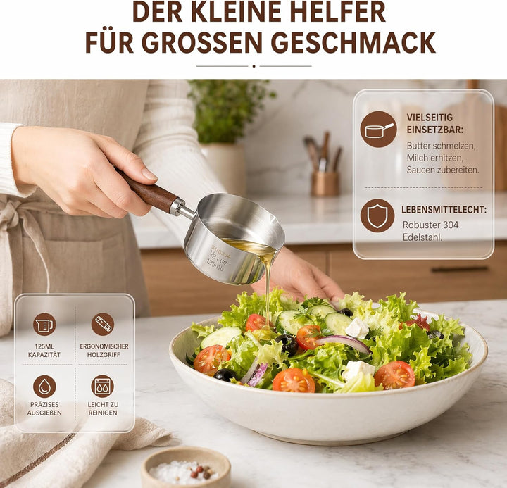 UKCOCO Mini Topf Edelstahl 125ml mit Holzgriff - Kleiner Butterwärmer Induktion & Herd - Milchpfanne