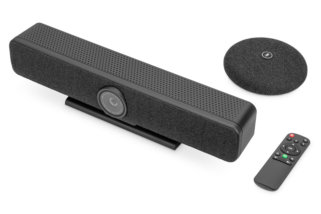 DIGITUS DS-55580 Video Bar Pro, Video-Konferenz-System – 4K UHD 30 Hz ePTZ Webcam Kamera – 1 Tischmi