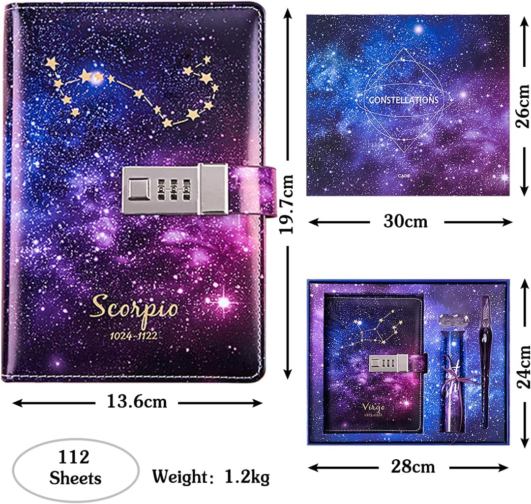 PORRASSO B6 Passwort Tagebücher Set PU Notizbuch Mädchen Glasstift Stifthalter Konstellation Diary B