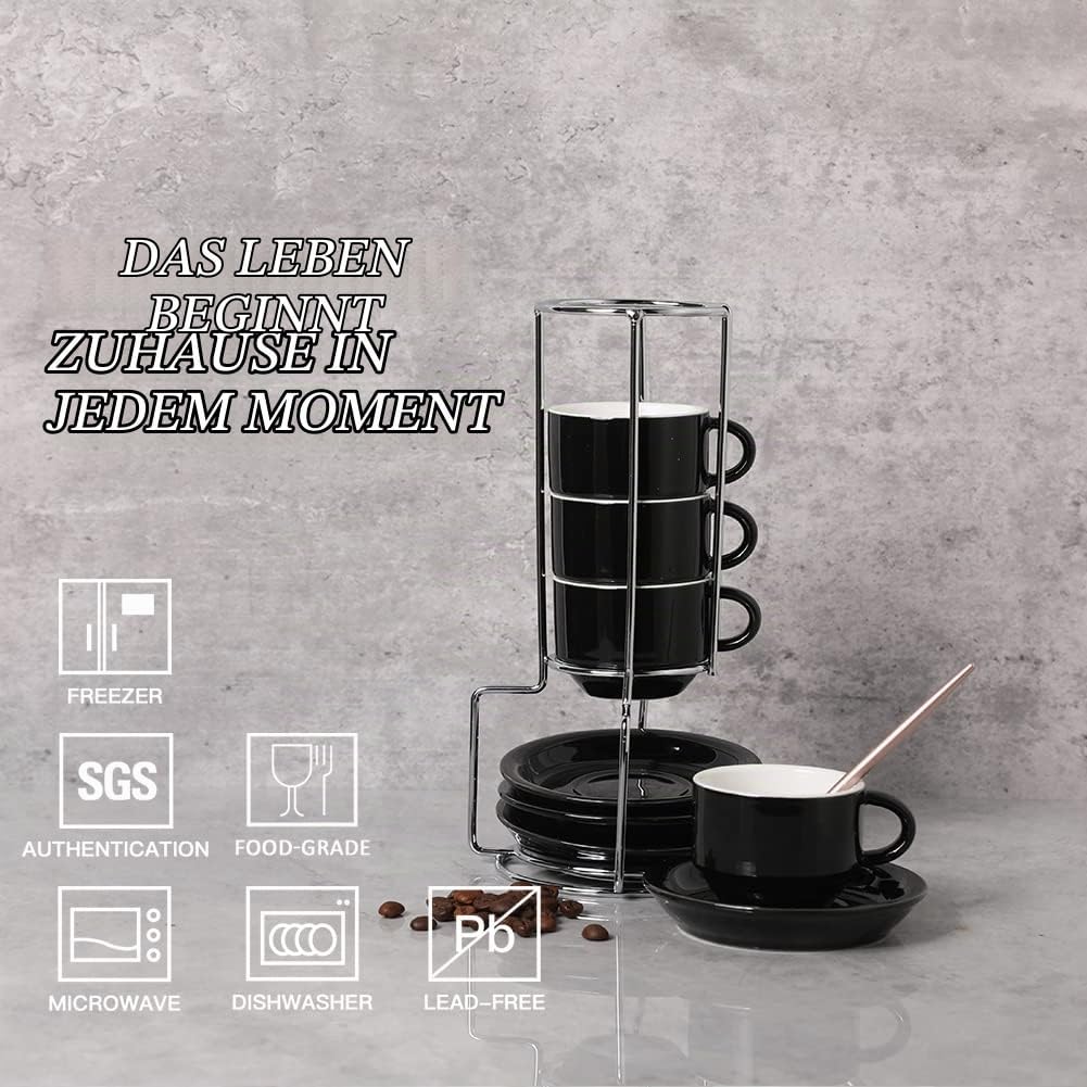 Sweejar Home Porzellan Espressotassen mit Untertassen, 70 ml stapelbare Cappuccinotassen mit Metalls