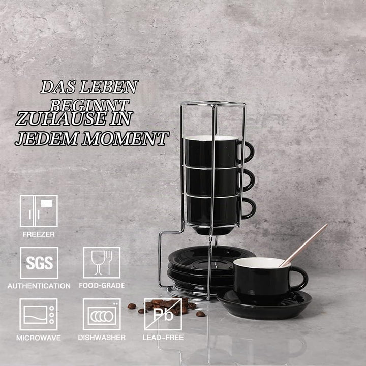 Sweejar Home Porzellan Espressotassen mit Untertassen, 70 ml stapelbare Cappuccinotassen mit Metalls
