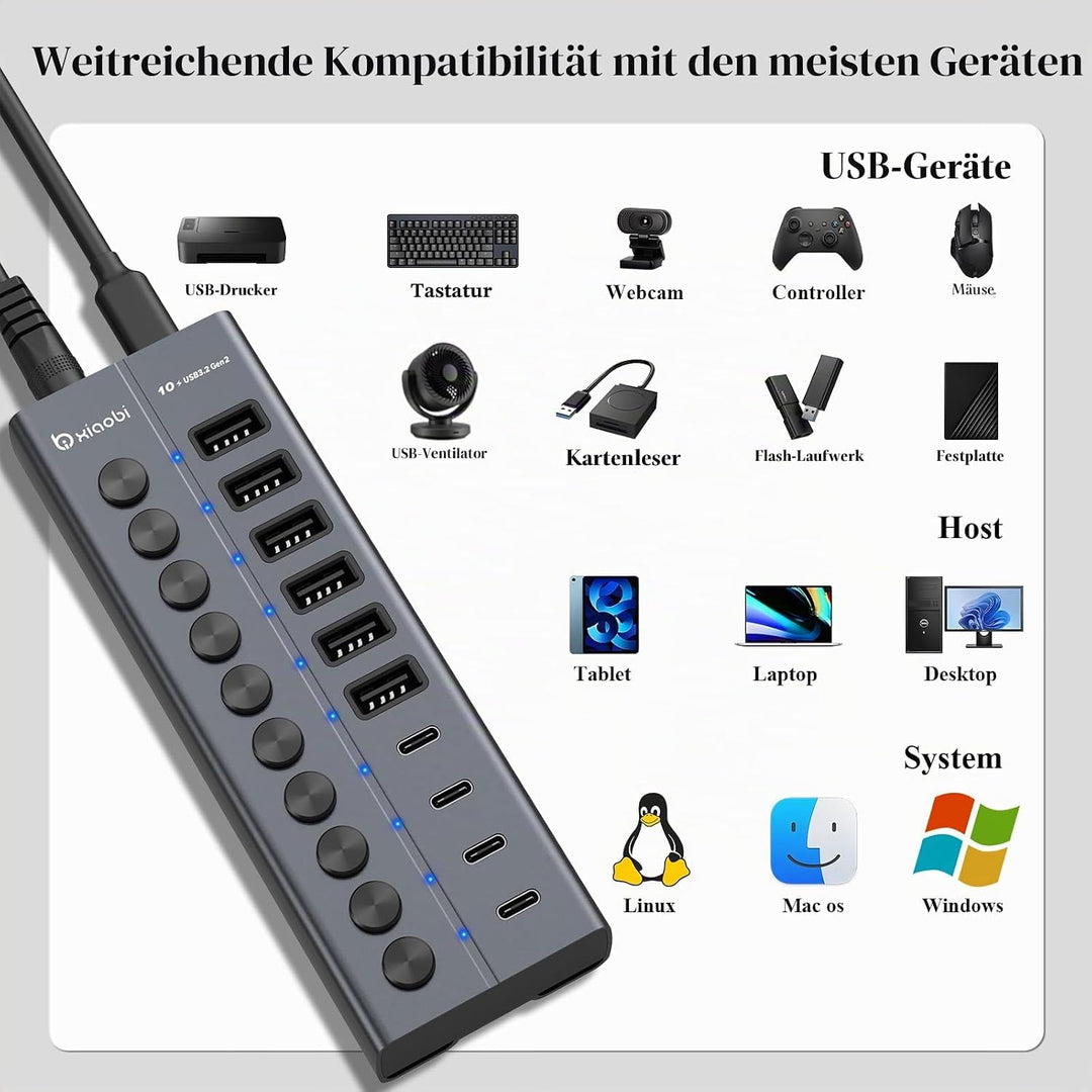 10 Port USB Hub mit Netzteil 60W - 10Gbps USB 3.2 Gen 2 Hub Aktiv aus Aluminium mit 6 USB-A & 4 USB-