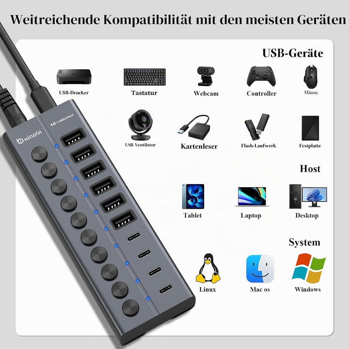 10 Port USB Hub mit Netzteil 60W - 10Gbps USB 3.2 Gen 2 Hub Aktiv aus Aluminium mit 6 USB-A & 4 USB-