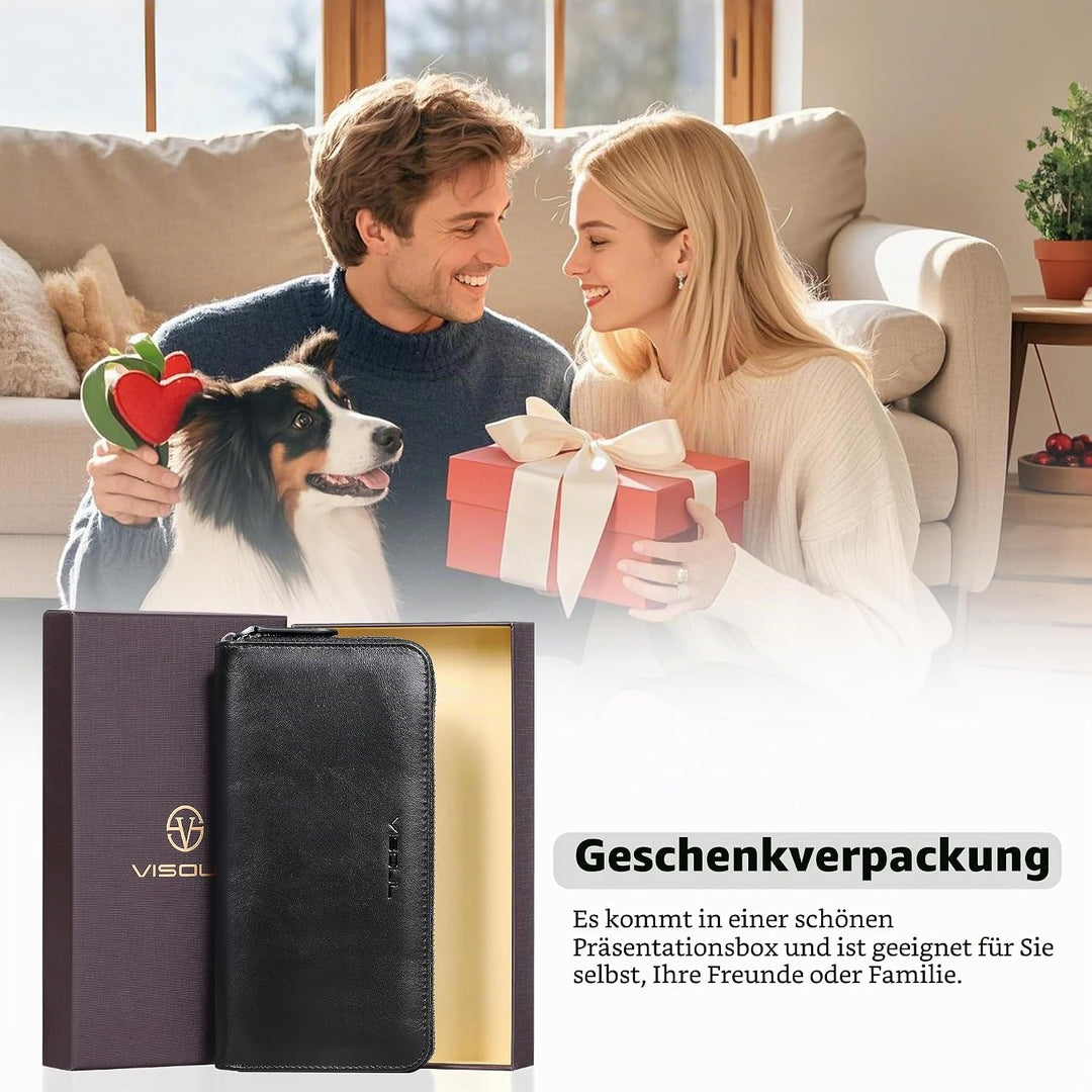 VISOUL Premium Brieftasche Echtleder/Italienisches Leder mit RFID-Schutz, XXL Geldbörse Schwarz L02,