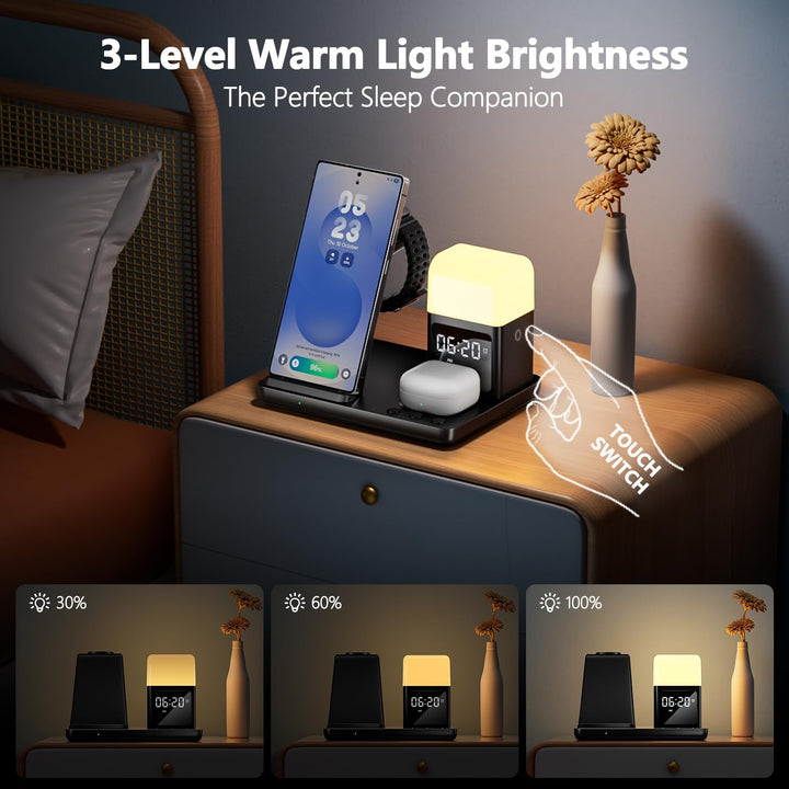 6 in 1 Induktive Ladestation,15W Wireless Charger mit Wecker und Nachtlicht, Kabelloses Ladegerät ko