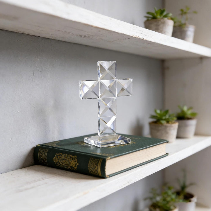 QFkris Traditionelles Kreuz mit Kristallkreuz auf Basis, 12,7 cm hoch, Glas, Tischplatte, Kreuz, chr