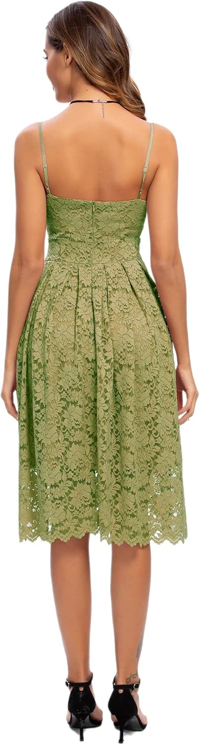 Atnlewhi Damen Vintage ärmellosen V-Ausschnitt A-Linie Kleid Blumen Knielang Spitzenkleid Brautjungf