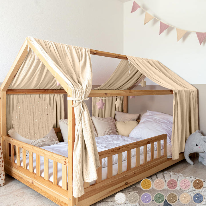 Hausbett Himmel mit Gold Applikation [in 12 Farben] Betthimmel Hausbett aus 100% Baumwolle Musselin