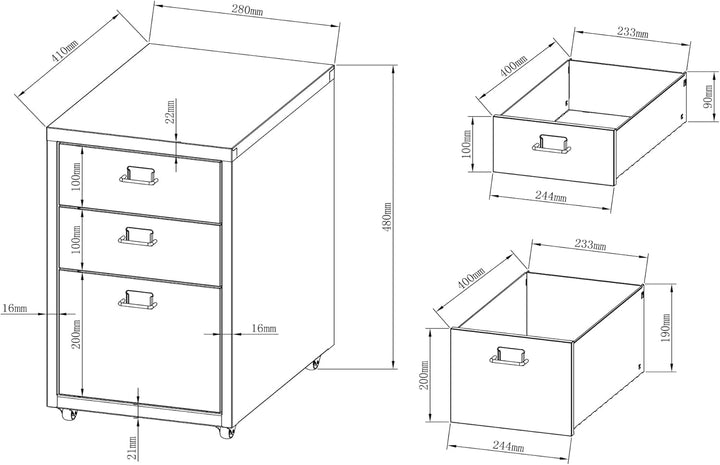 [en.casa] Rollcontainer Kökar Schubladenschrank Metall Aktenschrank mit 3 Schubladen Bürowagen mit R