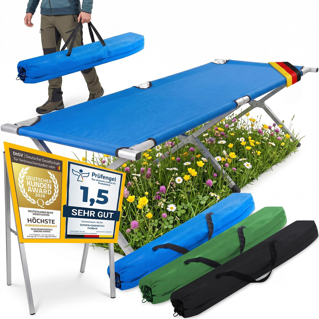 GOODS+GADGETS Faltbares Army Feldbett aus Aluminium - klappbares Campingbett &amp; Gästebett