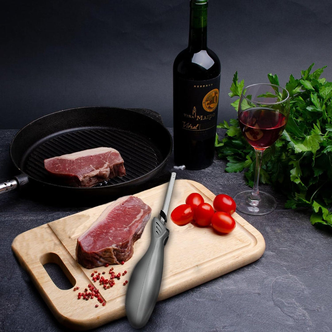 FISHTEC Easy Cut Plus Kabelloses Elektromesser mit Ladegerät und Holzständer zum Schneiden von Brot,