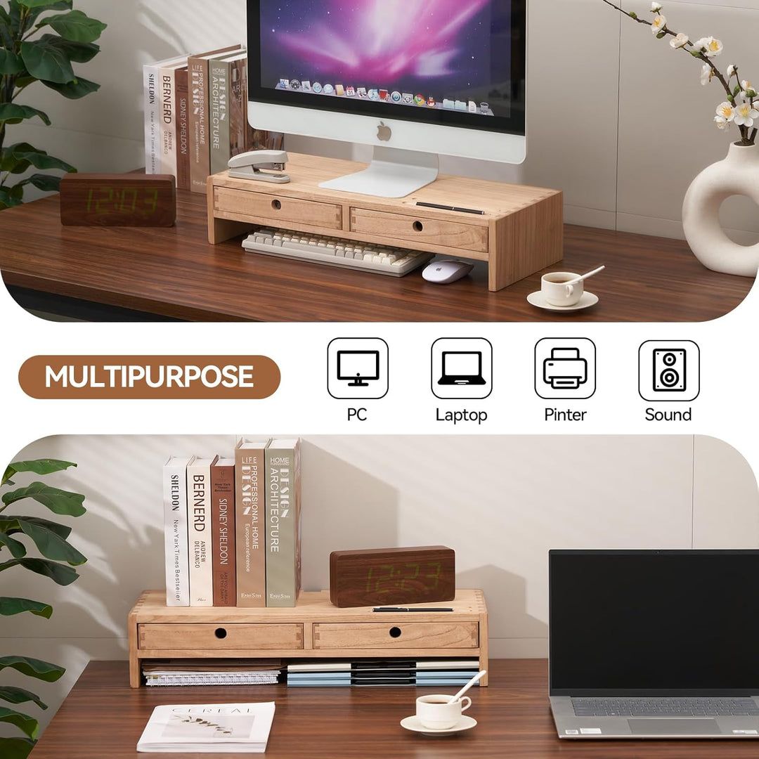 KIRIGEN hölzerner Monitorständer mit 2 Schubladen Computer Desktop Storage Organizer Lautsprecher TV