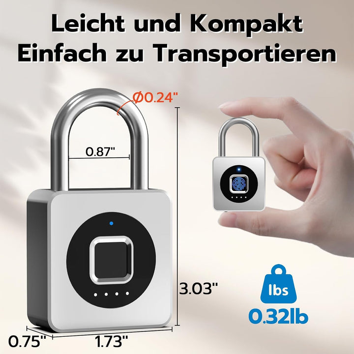 Smart Fingerabdruck Vorhängeschloss für Spinde, mit Bluetooth-App, IP65 wasserdicht, schlüsselloses