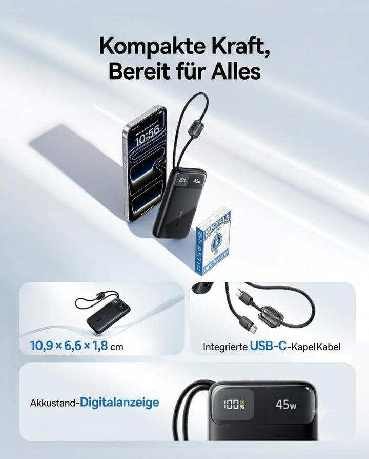 Baseus FC11 Powerbank 45W 10000mAh mit 2 Integriertem USB-C Kabel, Power Bank Klein CCC Zertifizieru