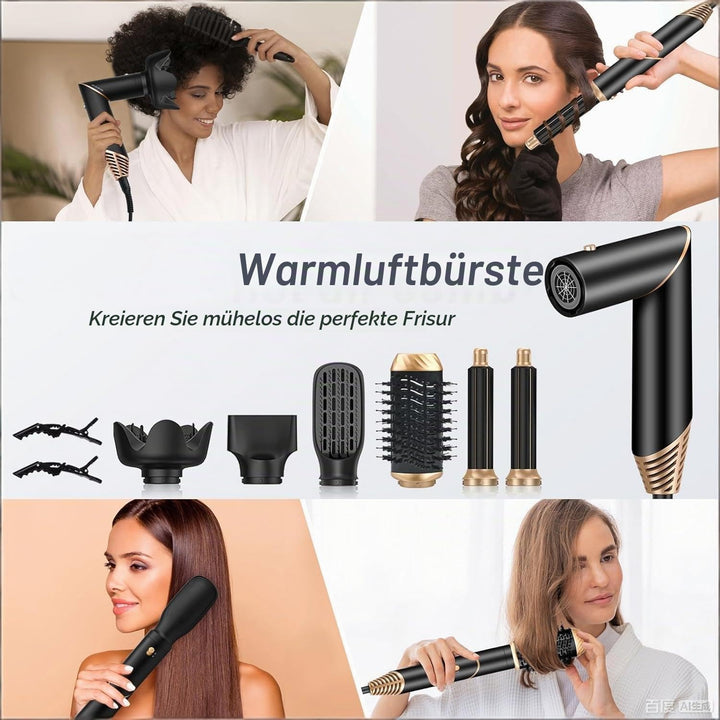 KYN 6 in 1 Warmluftbürste Föhnbürste, Zusammenklappbar Lockenbürste mit Automatisch Rotierendem Lock
