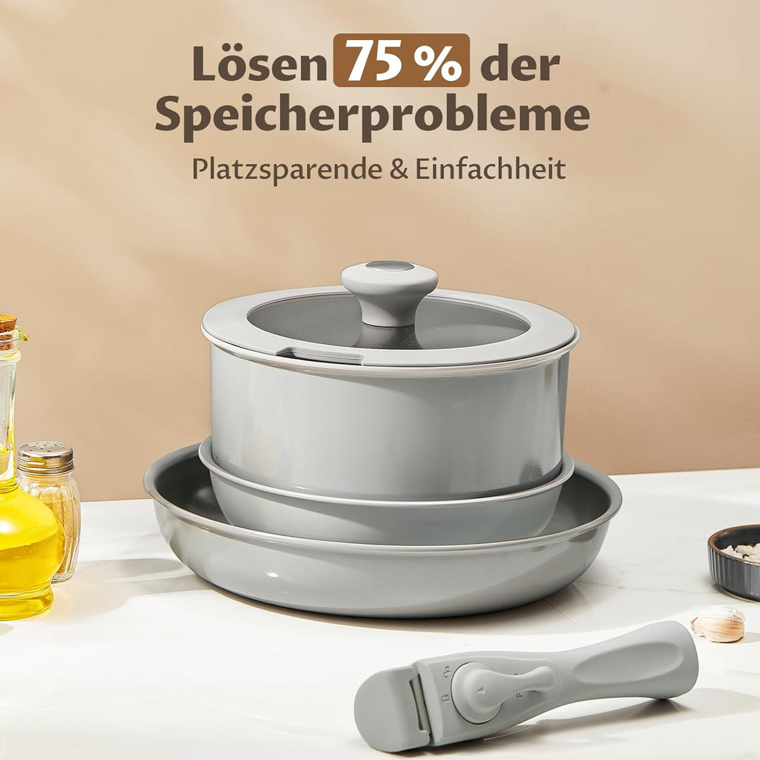 Topfset mit Abnehmbarer Griff, 7-Teilig Topf und Pfannenset, Keramik Antihaft Pfanne, Molekulare Ind