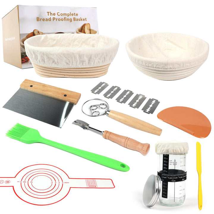 Sauerteig-Starter-Set, runder und ovaler Sauerteig-Gärkorb, 100 % natürliches Rattan, 600 ml Sauerte