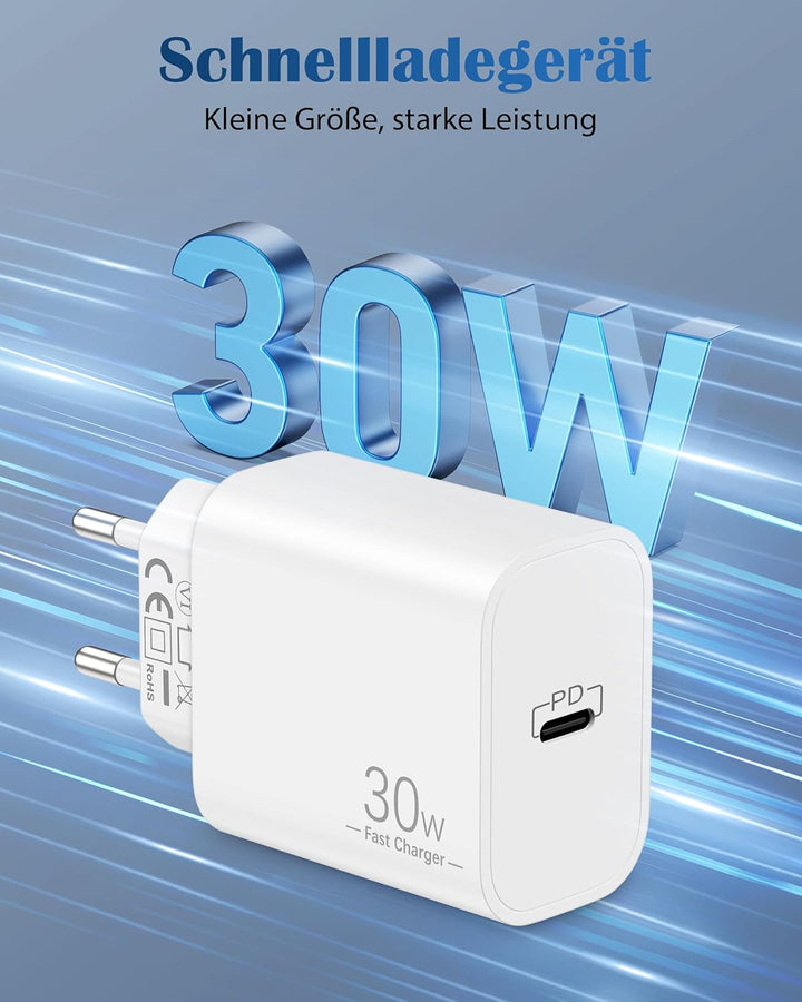 30W USB C Ladegerät mit 2M Ladekabel für iPhone 17e/17/16/16e/15 Pro Max, iPad Pro/Air, iPad 10/11/A