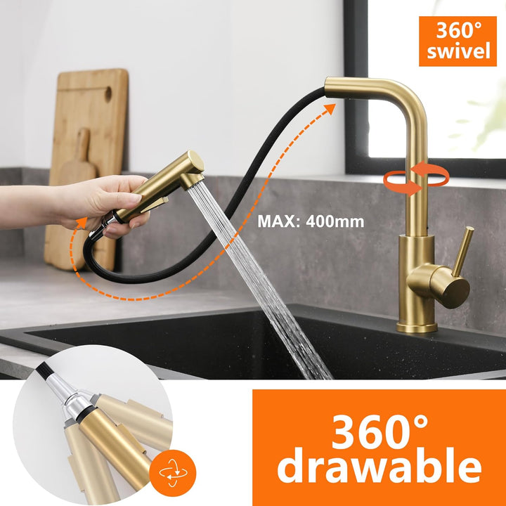 Tohlar Wasserhahn Küche Gold, Goldener Küchenamatur Ausziehbar mit Magnet Brause Zwei Strahlarten, H