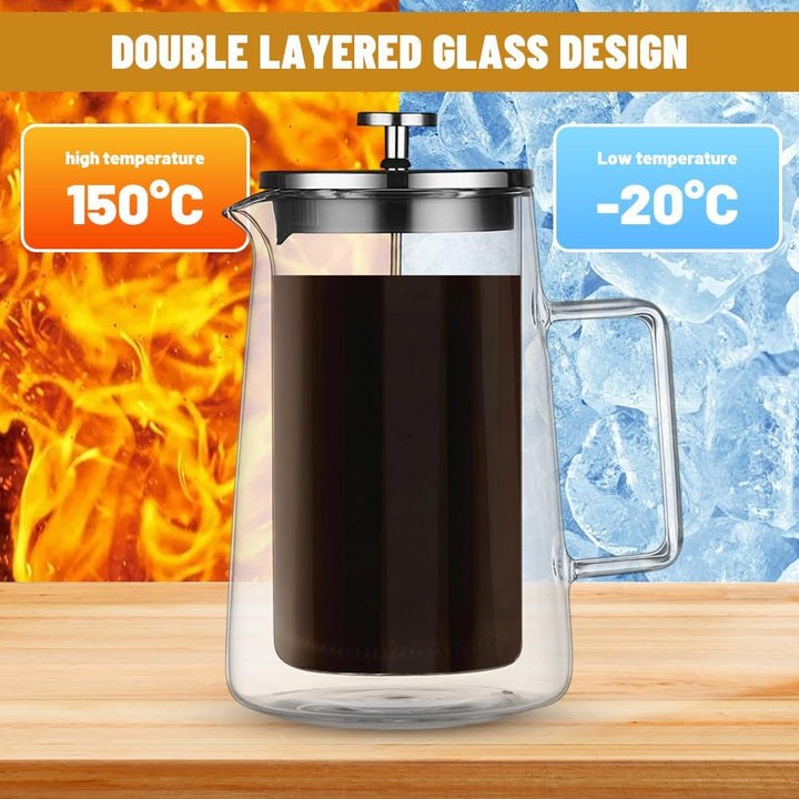 French Press Kaffeebereiter, Glas Kaffeepresse, Kaffeezubereiter für Zuhause, Thermo Doppelwand Desi
