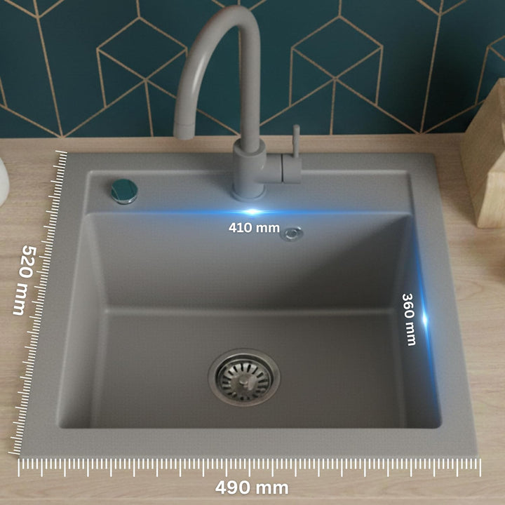 Faizee Möbel | Hochwertige beidseitig montierbare Granitspüle 48 x 50 cm in Grau – Eckige Einbauspül