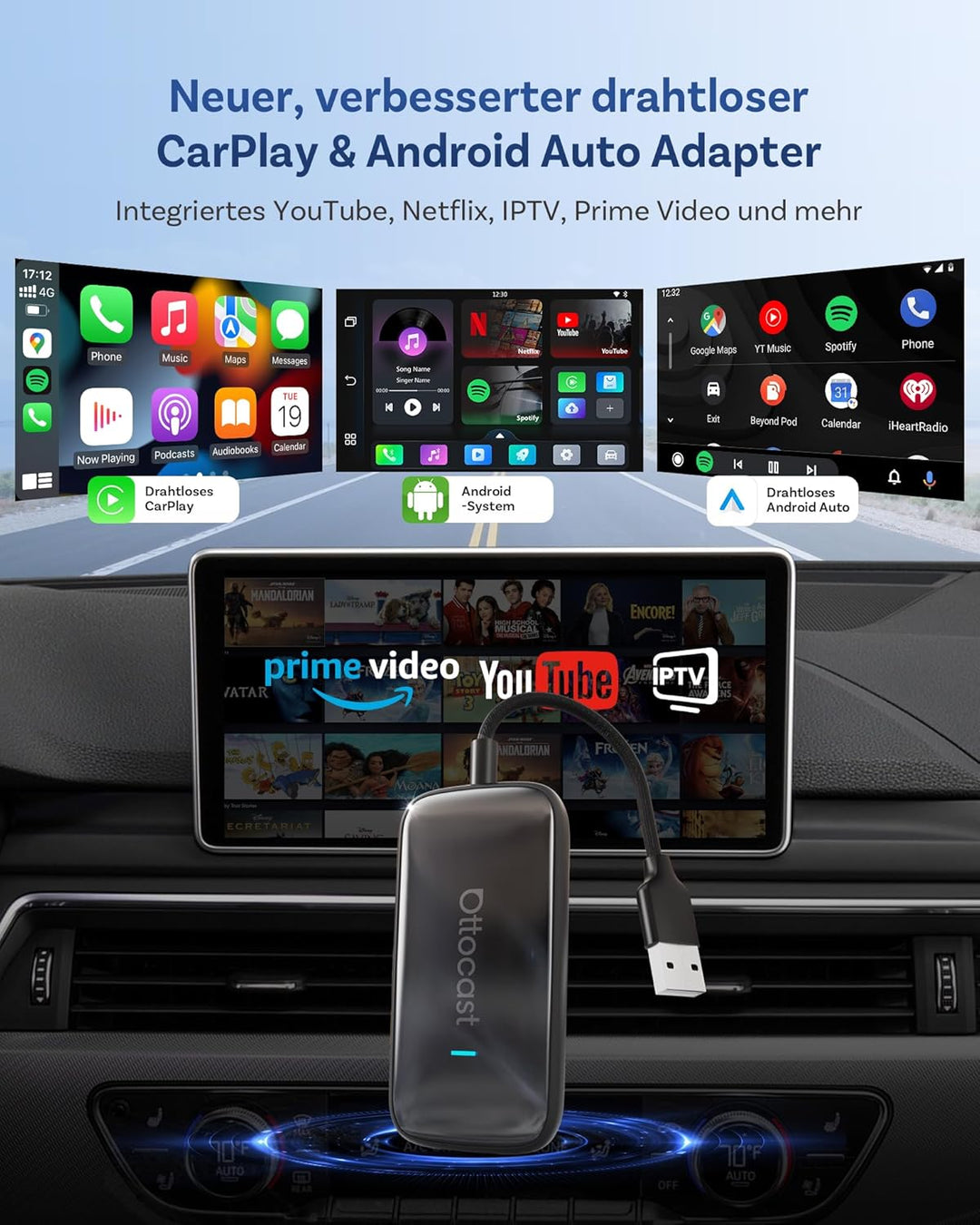 OTTOCAST Play2video Ultra 2026, Kabelloser CarPlay & Android Auto Adapter mit App Hub & YouTube, Plu